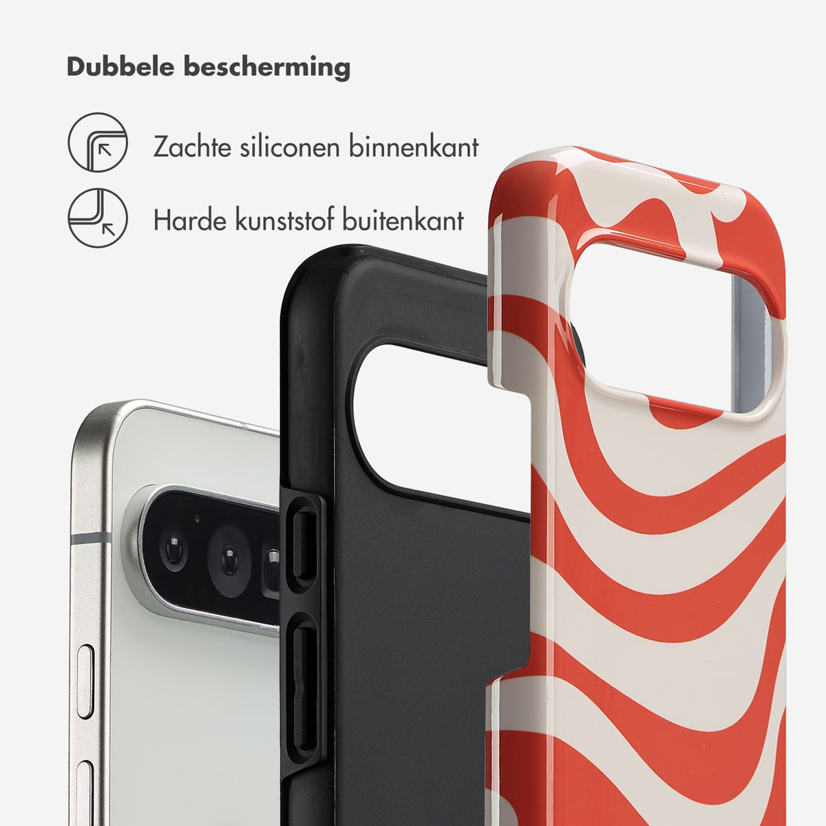 Coque de téléphone avec téléphone à l'intérieur. L'étui a un motif ondulé rouge et blanc. Le téléphone est argenté. L'étui est noir.
