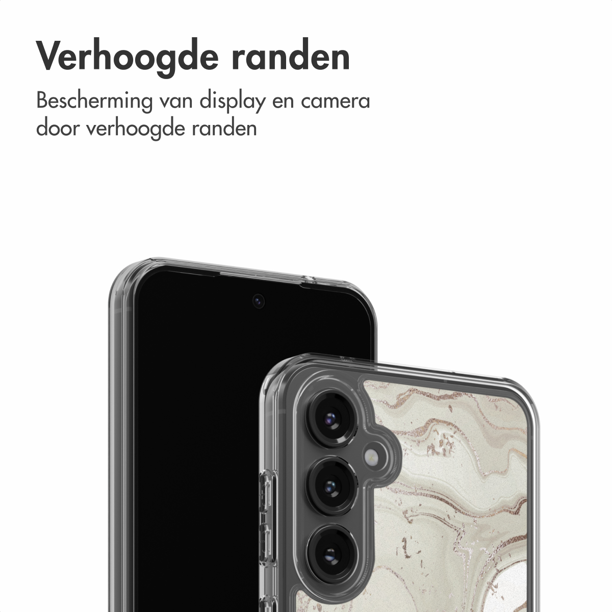 Twee telefoons met hoesjes. Eén zwarte telefoon, de andere met een patroon marmeren hoesje.