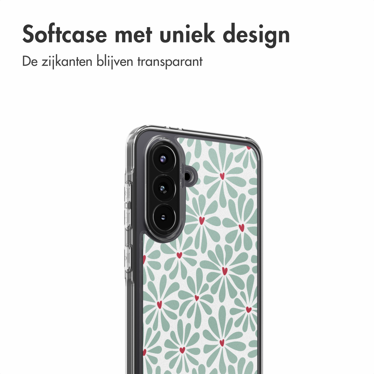 Een telefoonhoesje met een bloemenpatroon van groene bloemblaadjes en rode hartjes op een witte achtergrond.