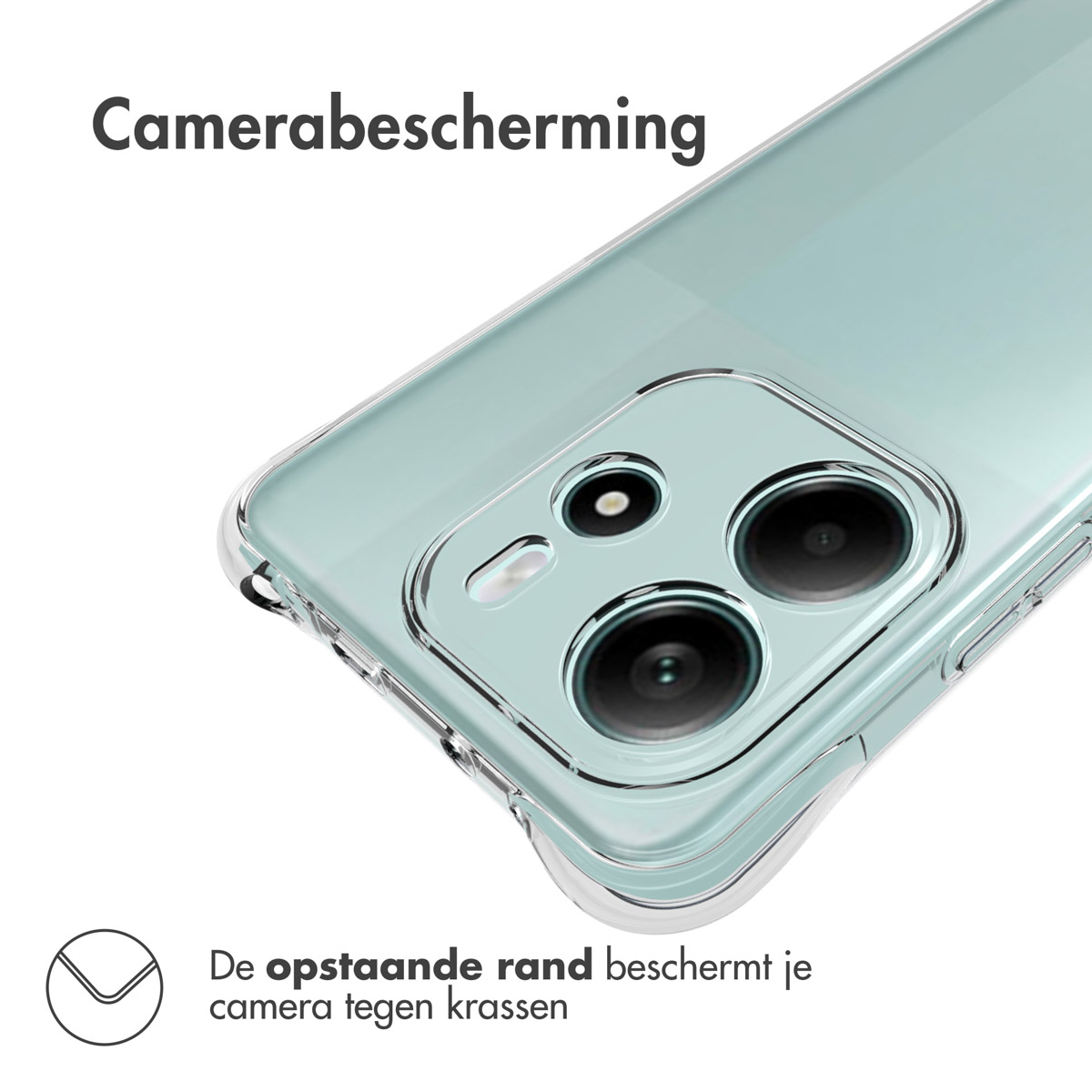 Coque de téléphone transparente avec protection d'appareil photo. Elle a un bord surélevé pour protéger l'appareil photo des rayures.