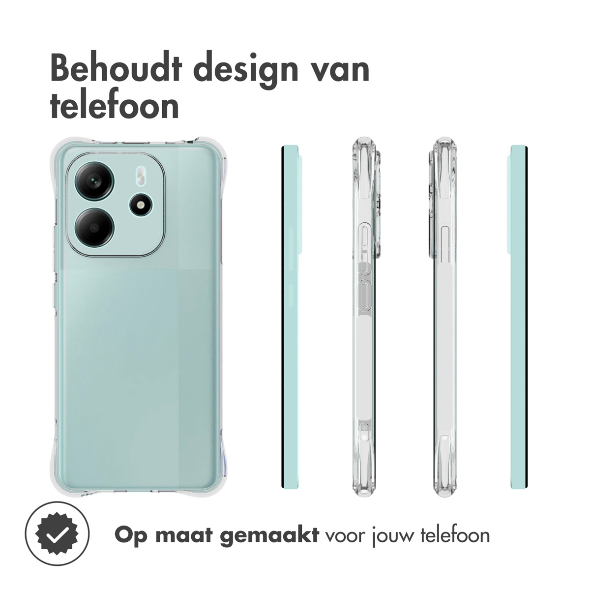 Une coque de téléphone avec un téléphone à l'intérieur et plusieurs coques transparentes. Texte : Behoudt design van telefoon. Op maat gemaakt voor jouw telefoon.