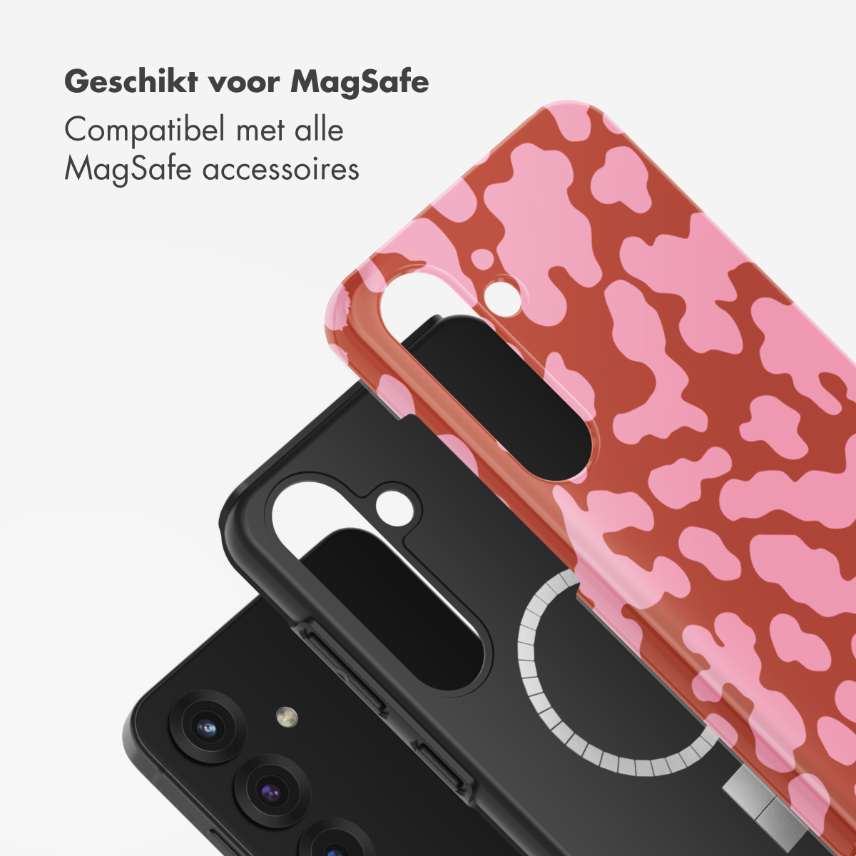 Tre custodie per telefoni. Quella superiore è rossa con macchie rosa. Quella centrale è nera. Quella inferiore è nera con il telefono.