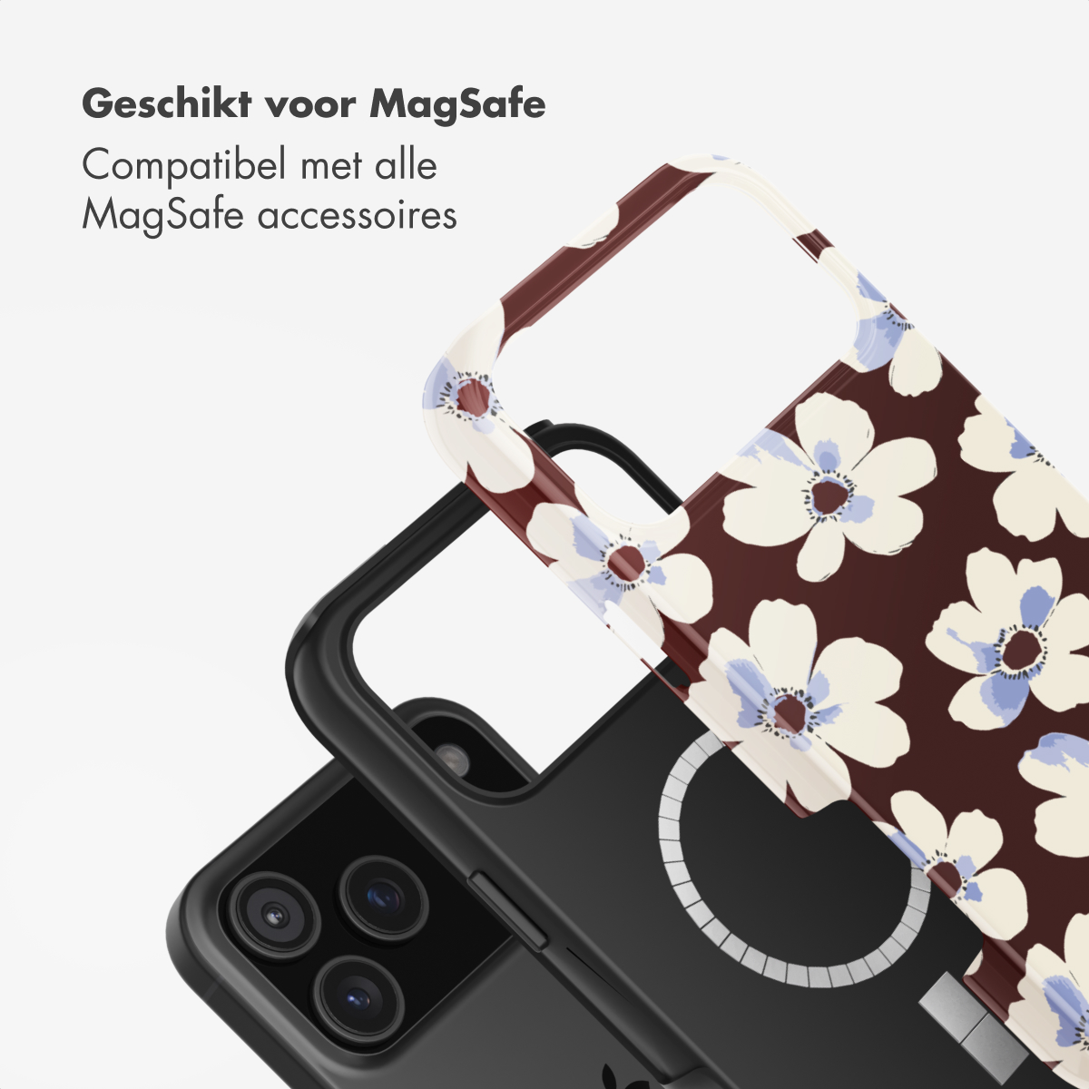 Een telefoonhoesje met een bloemenpatroon. De hoes is zwart en het ontwerp bestaat uit witte bloemen op een bruine achtergrond.