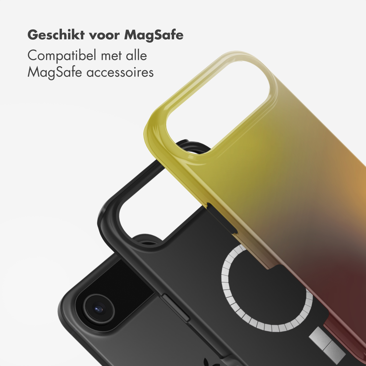 Drie telefoonhoesjes, één geel-rode gradiënt, één zwart en één zwart. Tekst erboven zegt 'Geschikt voor MagSafe'.