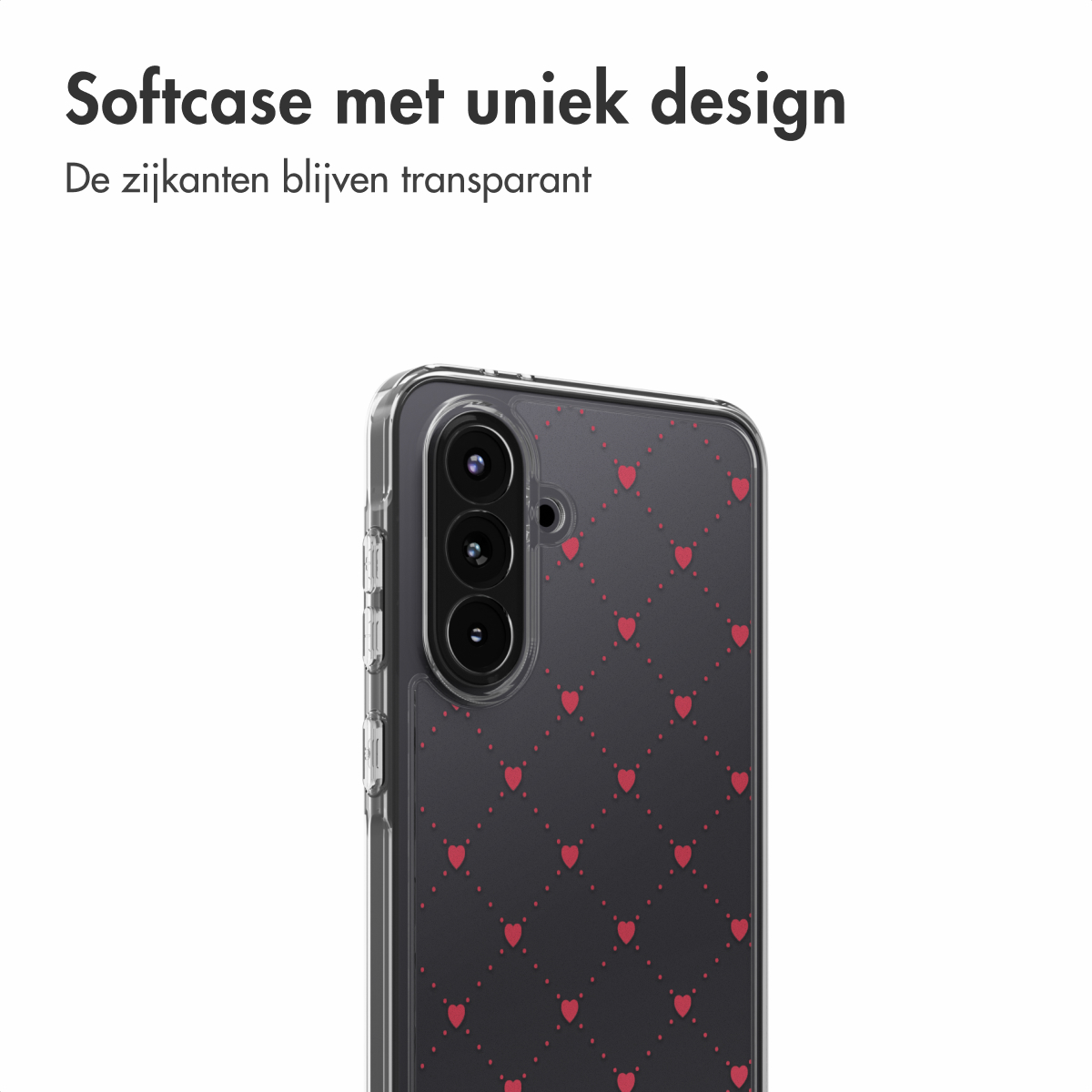 Une coque de téléphone avec des motifs de cœurs rouges sur un fond sombre. La coque est transparente et la caméra du téléphone est visible.
