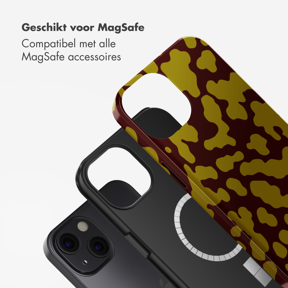 Trois coques de téléphone. Une noire, une avec un motif marron et jaune, et une troisième noire. Le texte dit 'Adapté à MagSafe'.