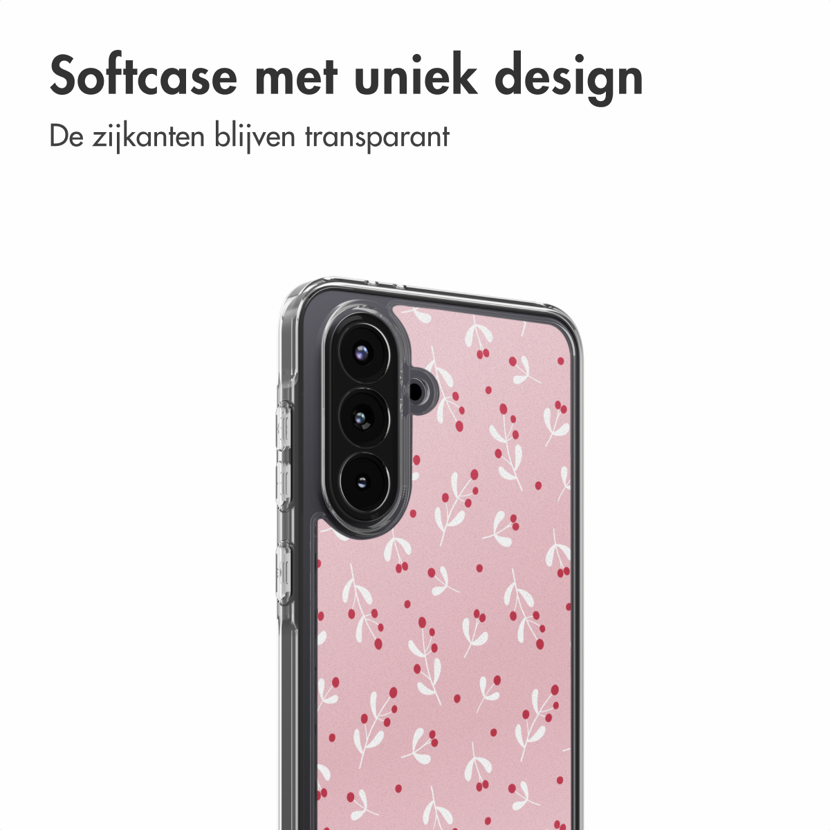 Una custodia rosa per telefono con un motivo floreale. La custodia ha un bordo trasparente e tre lenti della fotocamera sul retro.