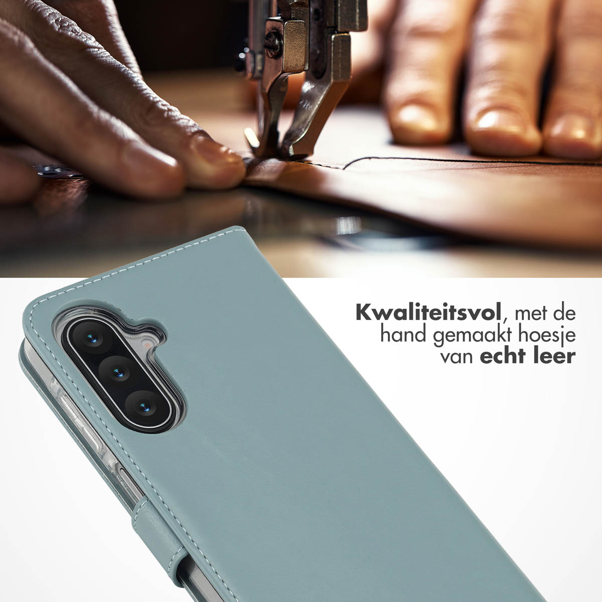 Lederen telefoonhoesje in lichtblauw, met close-up van een naaimachine die leer naait. Tekst: 'Kwaliteit, handgemaakte hoes van echt leer'.