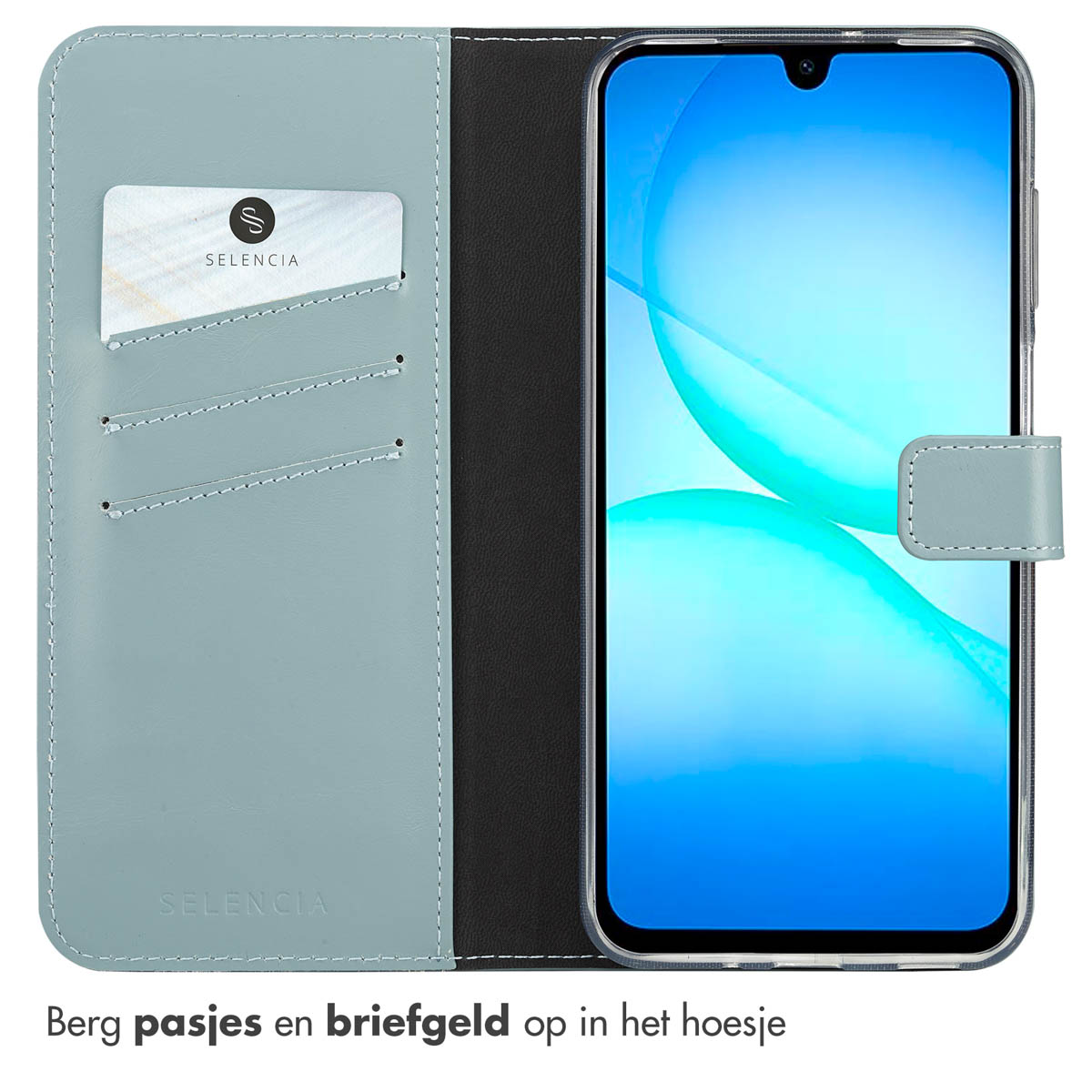 Een lichtblauwe telefoonhoes met een telefoon erin. Het heeft kaartsleuven. Een kaart met het Selencia-logo is zichtbaar.