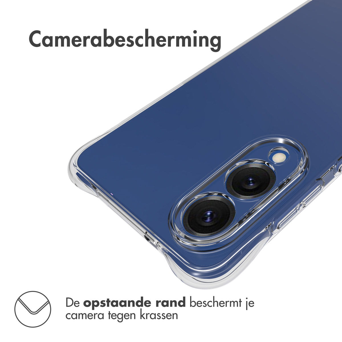 Une coque de téléphone transparente avec protection d'appareil photo. La coque est sur un téléphone bleu, avec les mots Camerabescherming et De opstaande rand beschermt je camera.