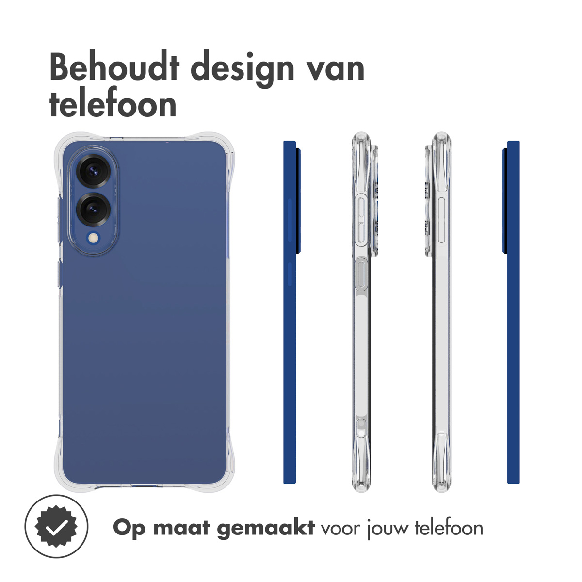 Une coque de téléphone, avec le téléphone à l'intérieur et trois vues latérales, est montrée. Le texte dit : Préserve le design du téléphone. Fabriqué sur mesure pour votre téléphone.