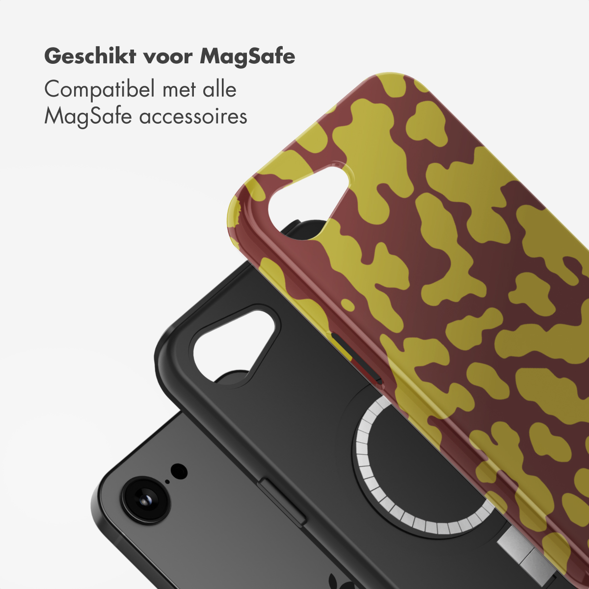 Een iPhone met een zwarte hoes en een patroonhoes in rood en geel. De tekst luidt: 'Geschikt voor MagSafe' en 'Compatibel met alle MagSafe accessoires'.
