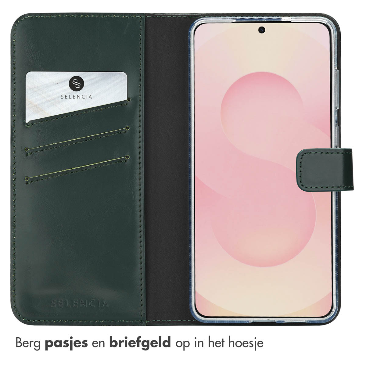 Een groene telefoonhoes met een smartphone erin. Het heeft kaartsleuven en een magnetische sluiting. Een kaart met 'Selencia' is zichtbaar.
