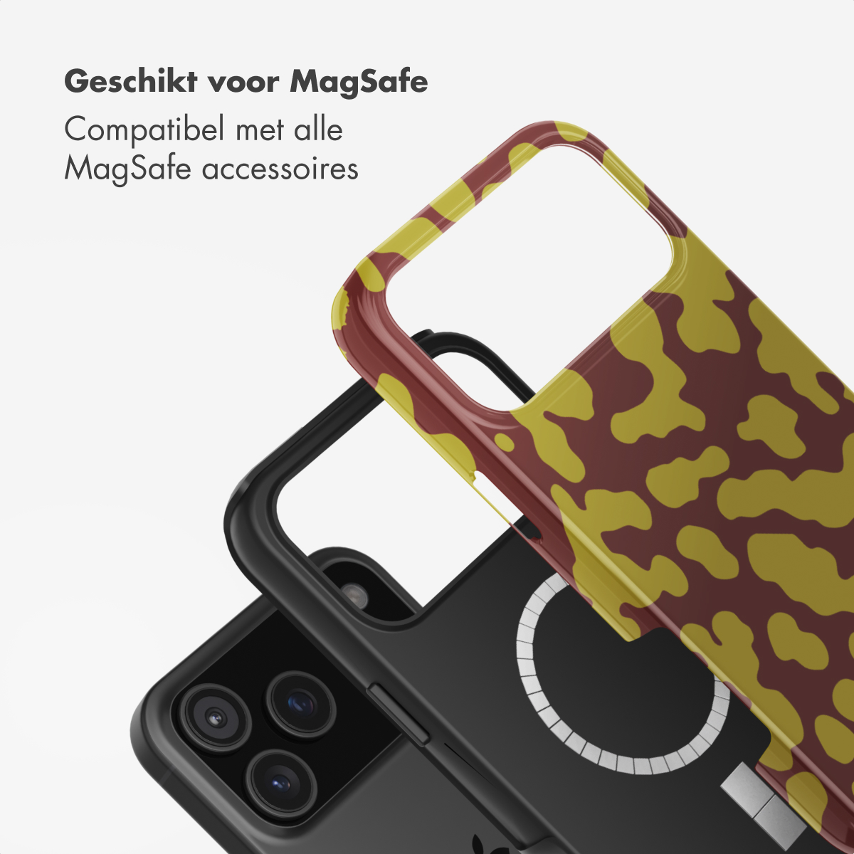 Een telefoonhoesje met een patroon wordt getoond. De hoes zit over een zwarte telefoon. De tekst zegt 'Geschikt voor MagSafe'.