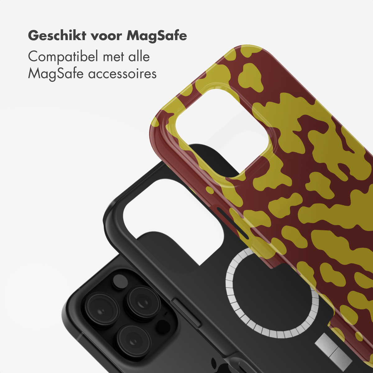 Drie telefoonhoesjes. Eén zwart, twee met een rood en geel patroon. Bovenin staat de tekst 'Geschikt voor MagSafe'.