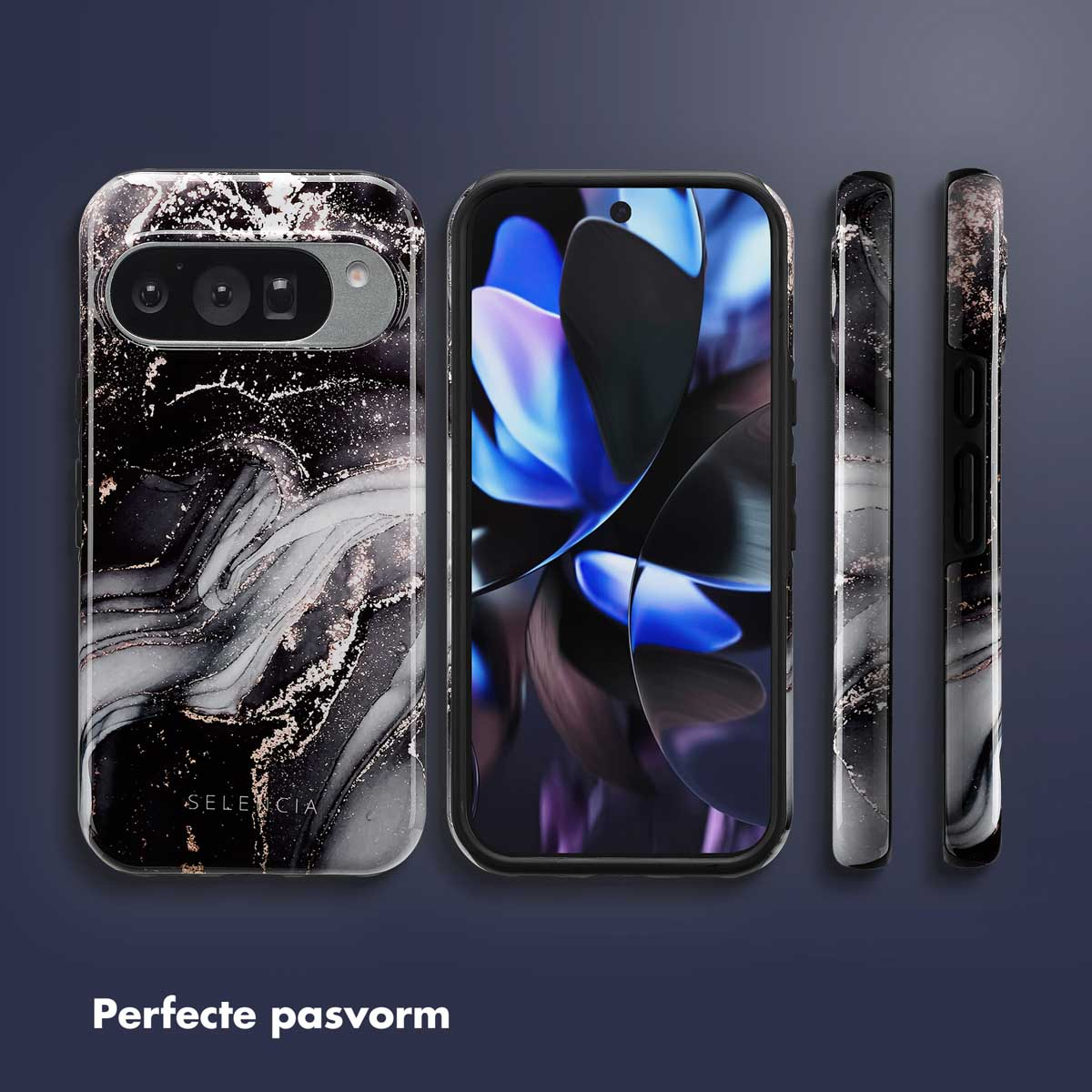 Coques de téléphone avec motif marbre. L'une montre l'écran du téléphone avec une image florale bleue. D'autres montrent les côtés et l'arrière.