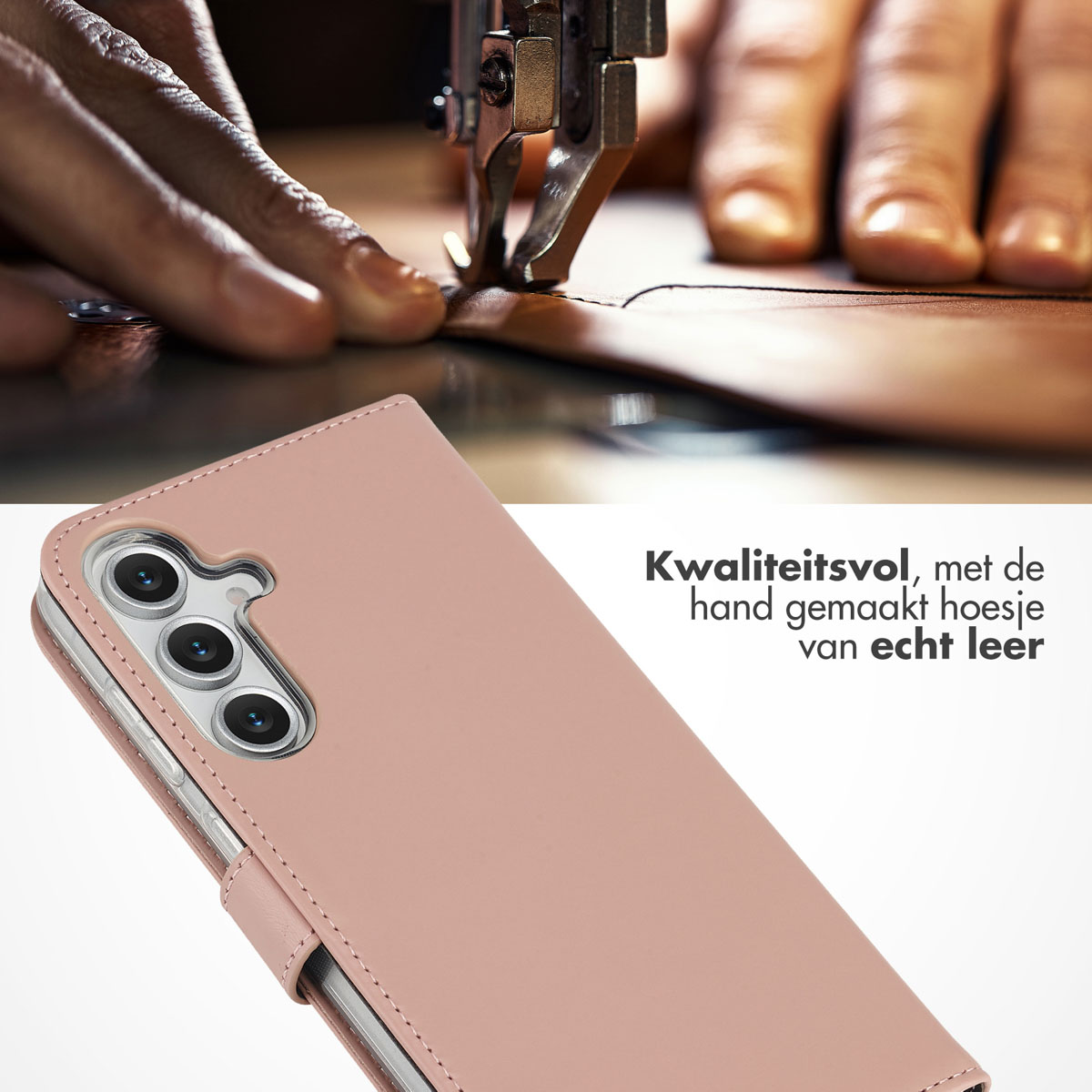 Un étui de téléphone en cuir rose est affiché. L'arrière-plan montre une main cousant du cuir avec une machine à coudre.