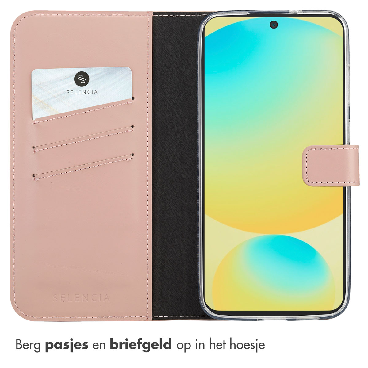 Étui de téléphone rose avec des fentes pour cartes et un téléphone. L'étui porte un logo Selencia. L'écran du téléphone affiche un dégradé jaune et bleu.