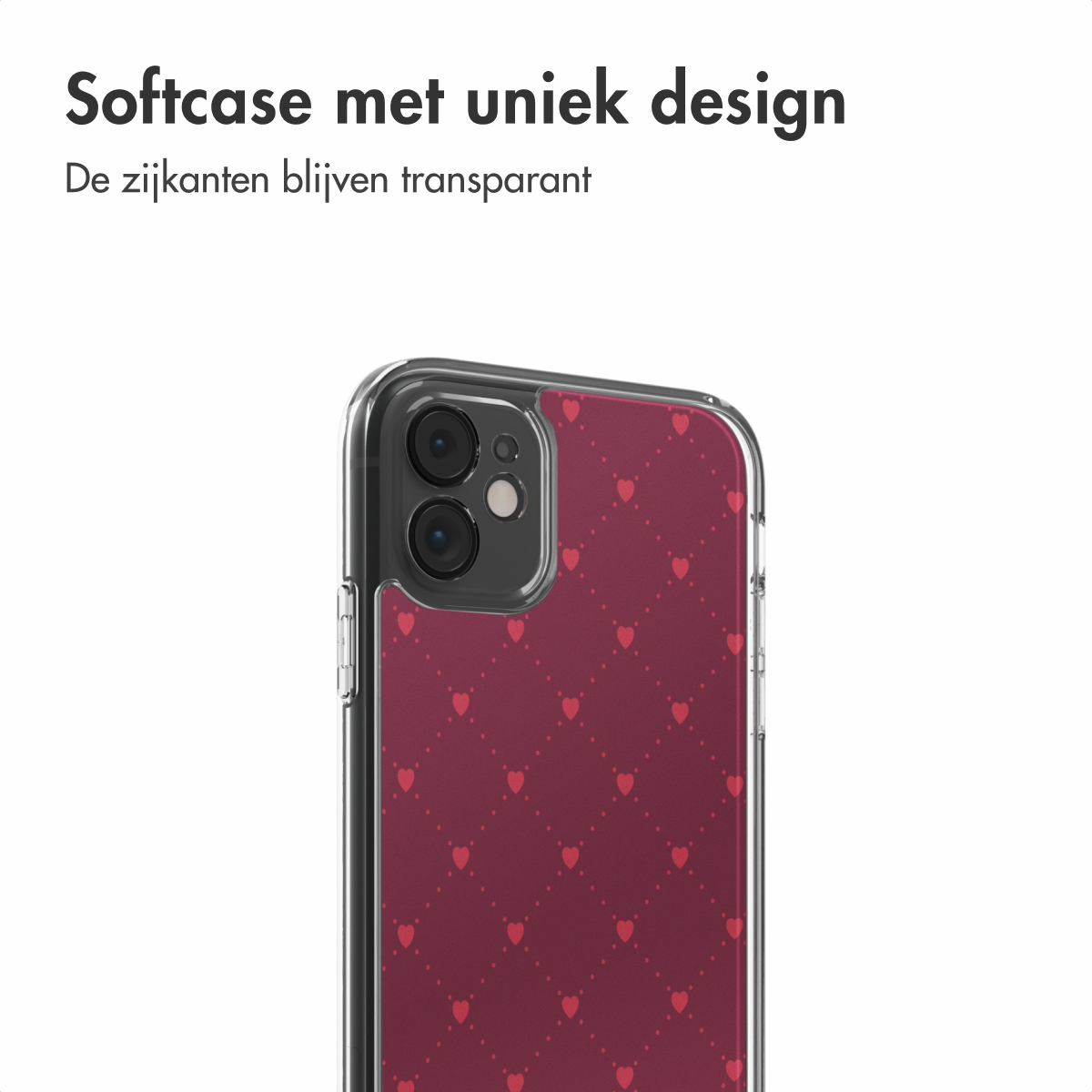 Coque de téléphone transparente avec motif de cœurs bordeaux. La coque est transparente, montrant l'appareil photo du téléphone. Fond blanc.