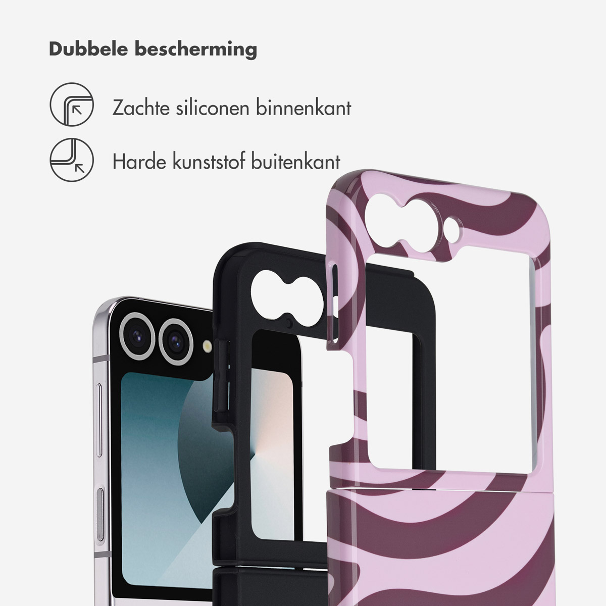 Afbeelding toont drie telefoonhoesjes: een zwarte, een lichtroze patroonhoesje en een telefoon. De hoesjes tonen dubbele bescherming.