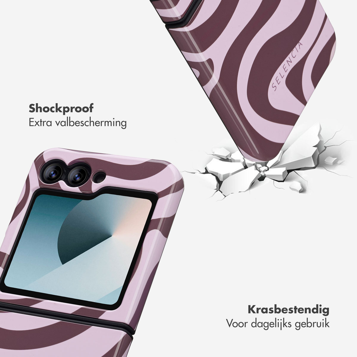 Telefoonhoesje met zebraprint, slaat op een oppervlak, waardoor het barst. Tekst: 'Schokbestendig' en 'Krasbestendig'.