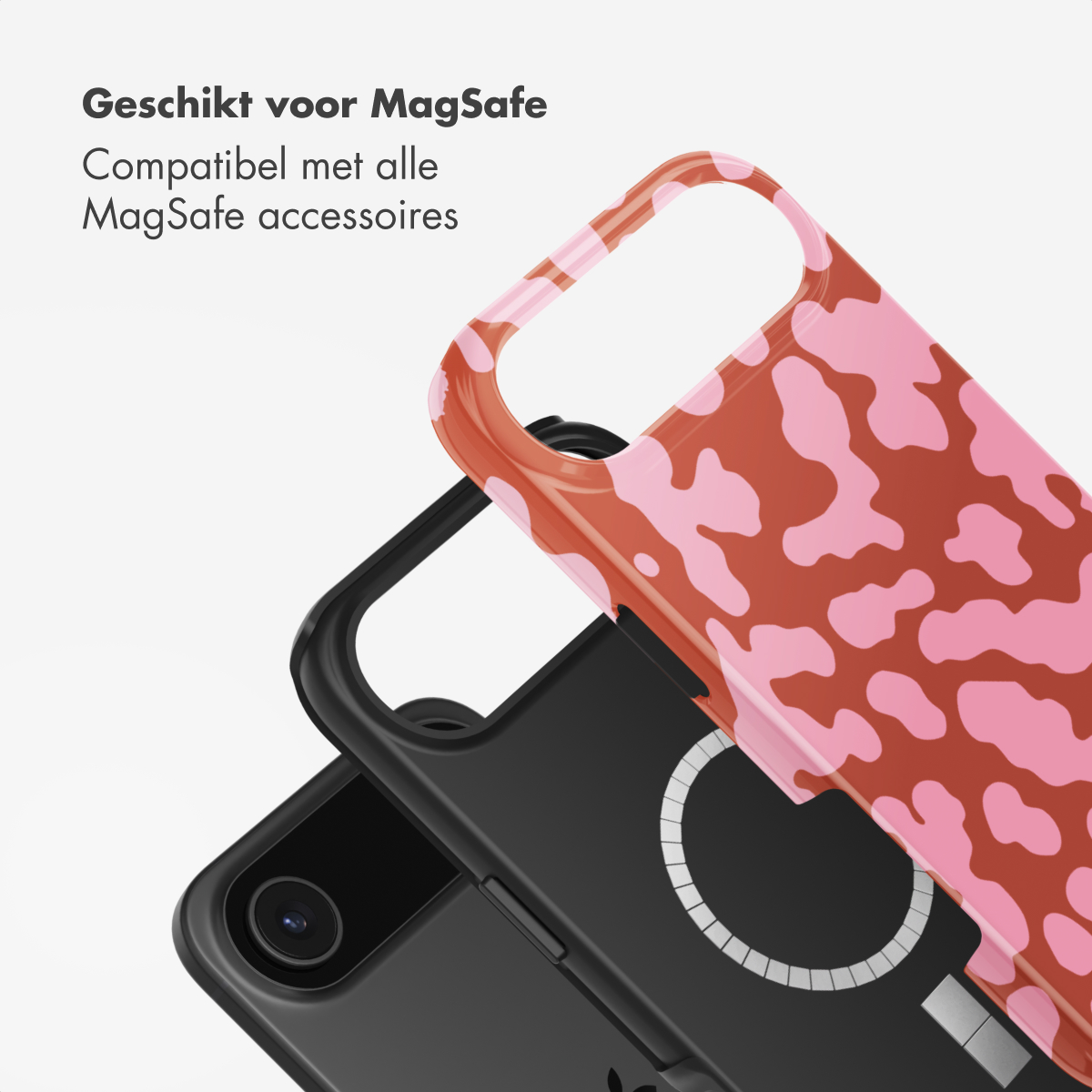 Un téléphone avec un étui à motifs roses et marrons. L'étui est au-dessus d'un téléphone noir. Le texte indique 'Adapté à MagSafe'.