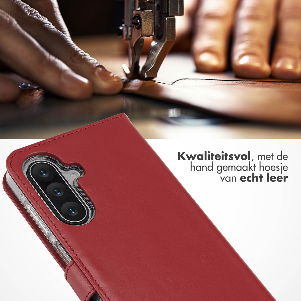 Een rode leren telefoonhoes met een telefoon erin. Handen die leer naaien op de achtergrond met de tekst 'Handgemaakte hoes van echt leer'.