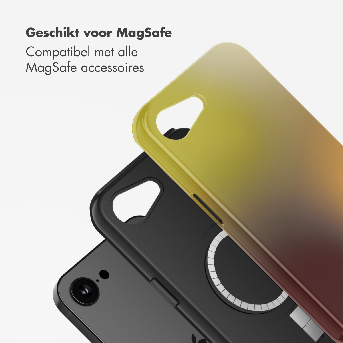 Trois coques de téléphone avec un dégradé jaune à rouge. Un téléphone noir est en dessous. Le texte dit 'Convient pour MagSafe'.