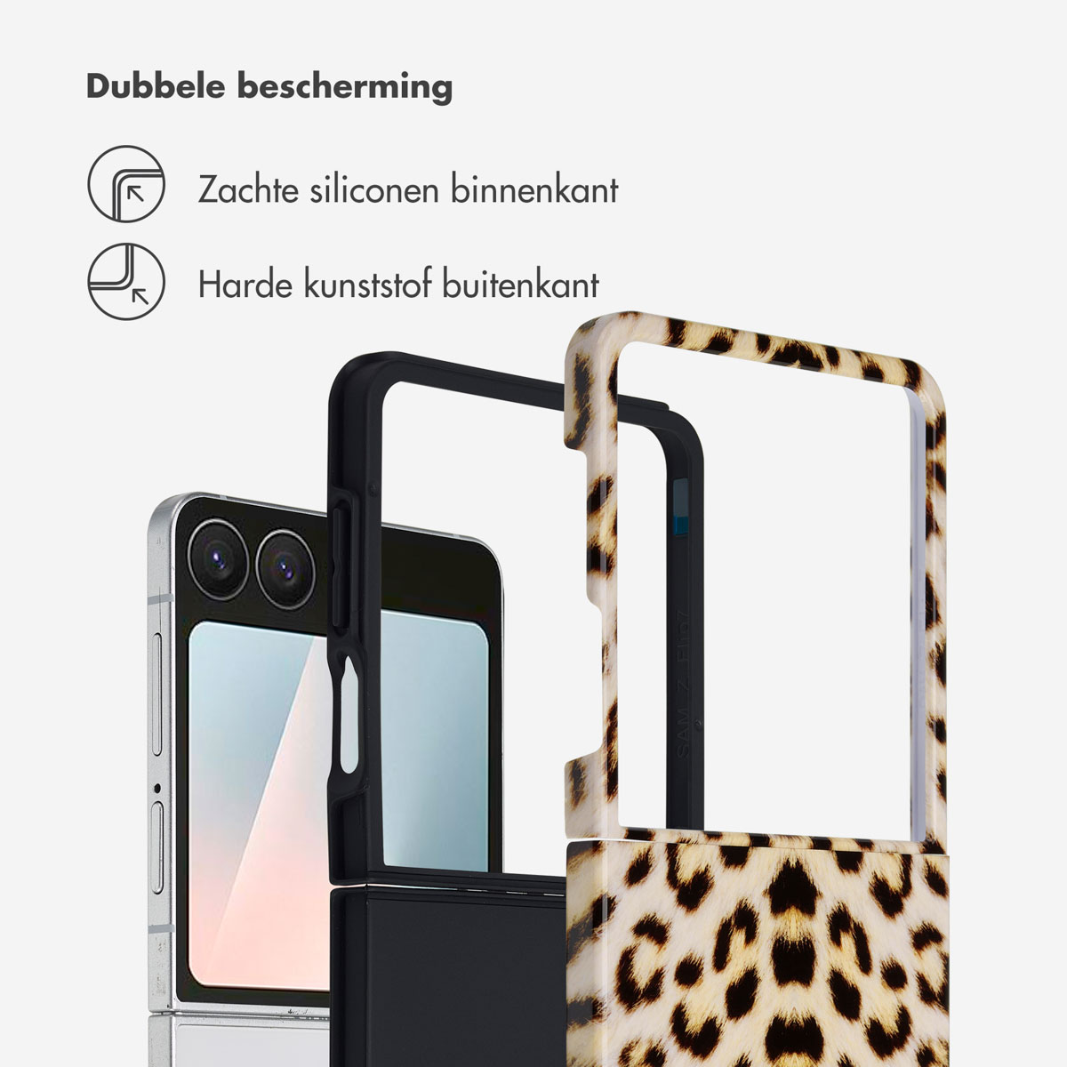 L'image montre une coque de téléphone à imprimé léopard et un téléphone à l'intérieur. Le texte met en évidence la double protection : intérieur en silicone souple, extérieur en plastique dur.