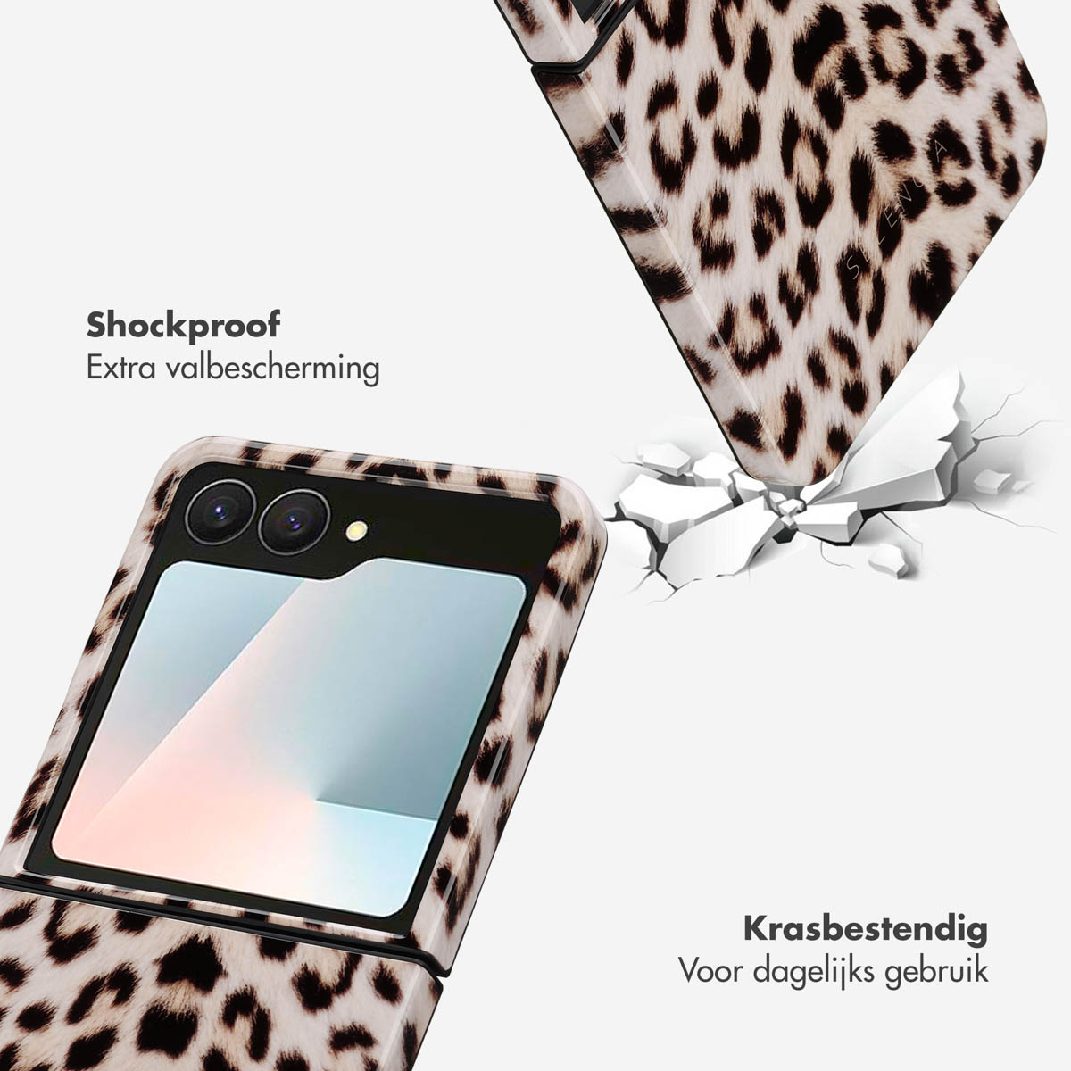 Coque de téléphone à imprimé léopard impactant une surface, montrant des fissures. Texte : Antichoc, résistant aux rayures. Téléphone partiellement ouvert.