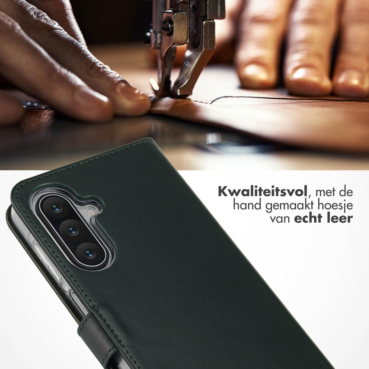 Une machine à coudre cousant du cuir. Un étui de téléphone vert au premier plan, avec du texte décrivant sa qualité.