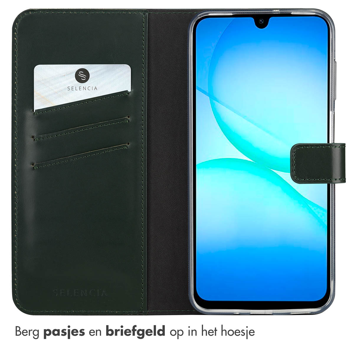 Étui de téléphone vert avec des fentes pour cartes et un téléphone. Une carte avec le logo Selencia est dans une fente.