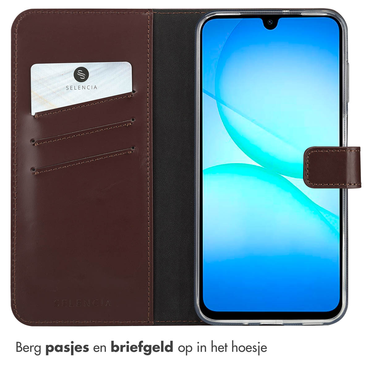 Étui de téléphone ouvert avec téléphone et carte. L'étui est marron, le téléphone a un écran bleu. Carte avec logo Selencia.