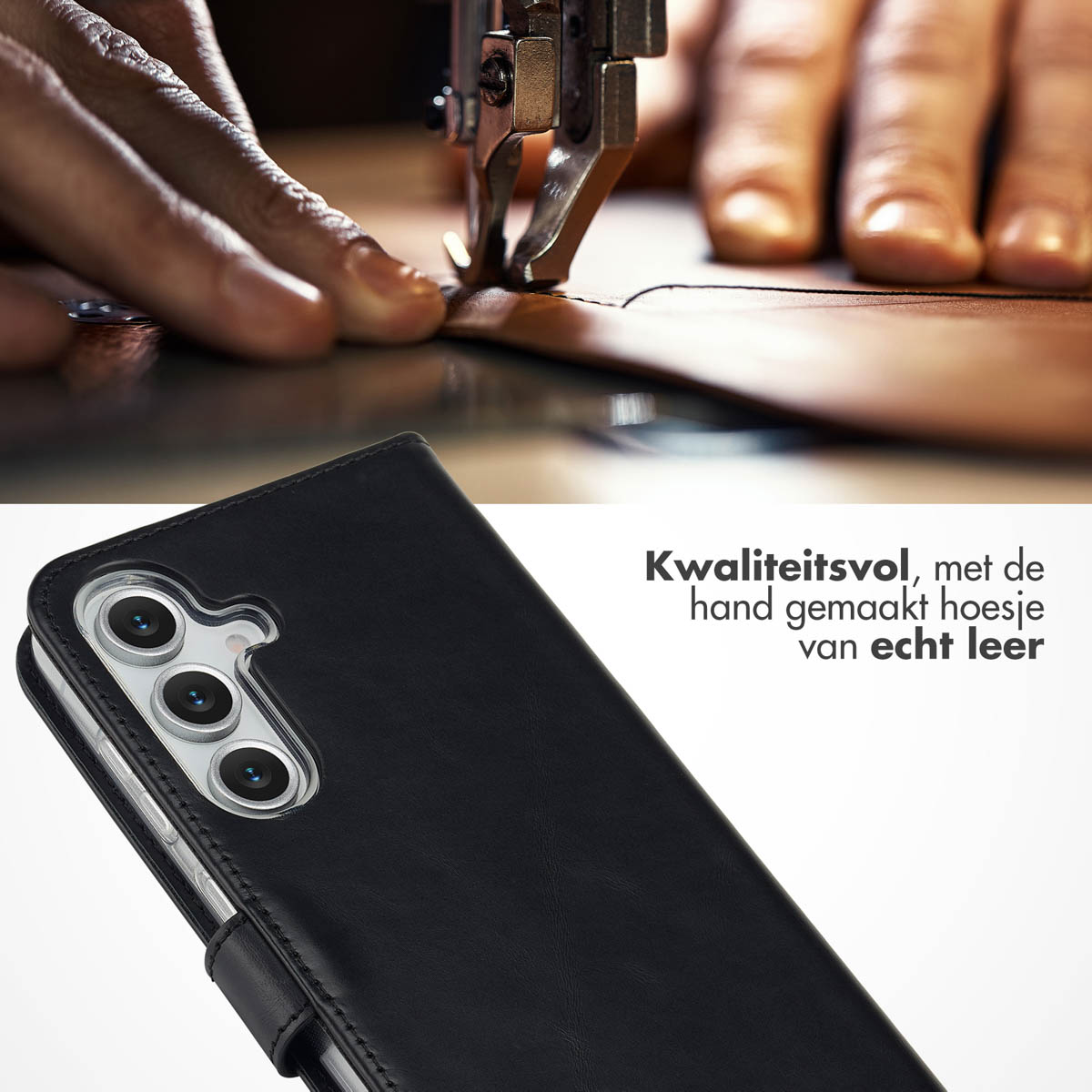 Een zwarte telefoonhoes met leertextuur. Een naaimachine naait leer op de achtergrond.