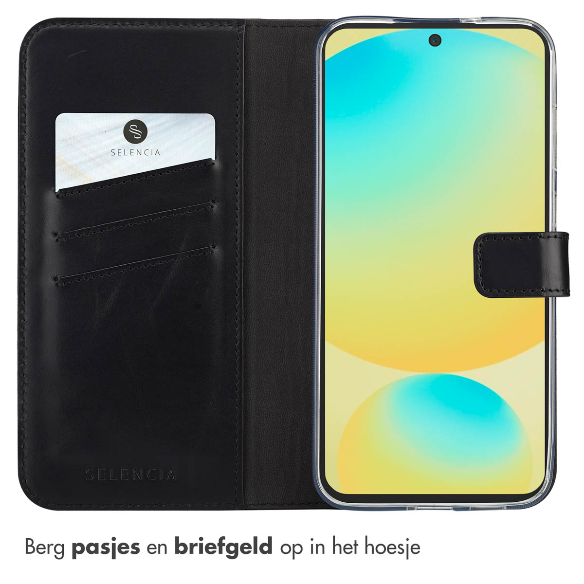 Zwarte telefoonhoes met een telefoon. De hoes heeft kaartsleuven en een sluiting. Een kaart met het Selencia-logo is zichtbaar.