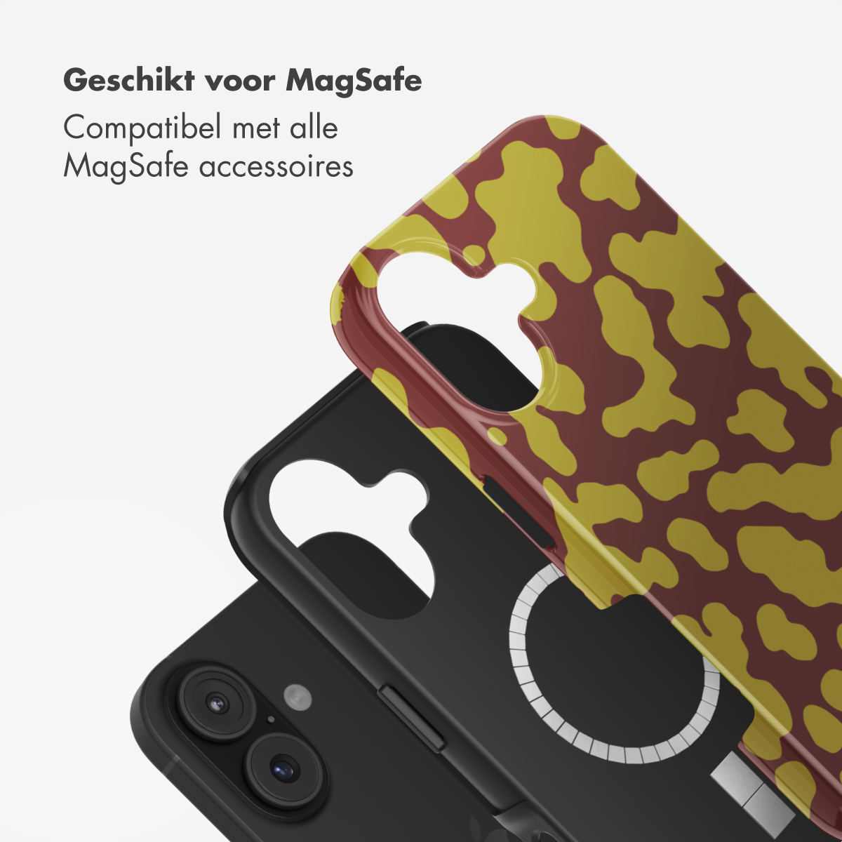 Drie telefoonhoesjes, zwart en camouflage ontwerp. Tekst: Geschikt voor MagSafe, compatibel met alle MagSafe accessoires.