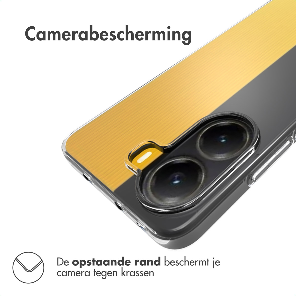 Une coque de téléphone avec un design jaune et noir, présentant les lentilles de l'appareil photo. Le texte supérieur dit 'Protection de l'appareil photo'.