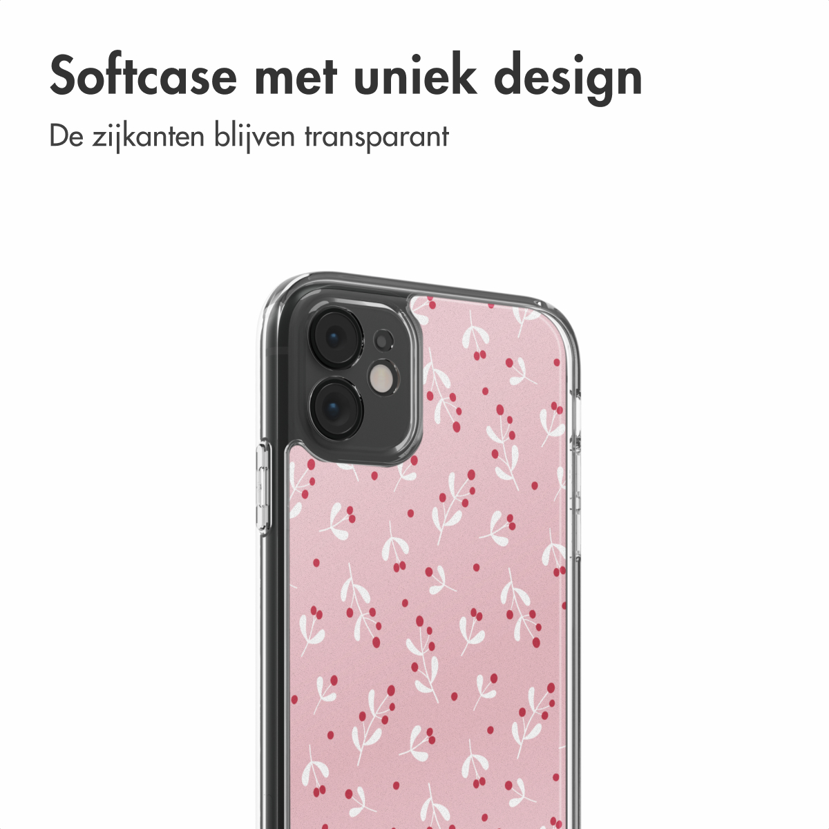 Primo piano di una custodia per telefono. La custodia ha un motivo floreale rosa con foglie bianche e bacche rosse. Il telefono è nero e ha due lenti.