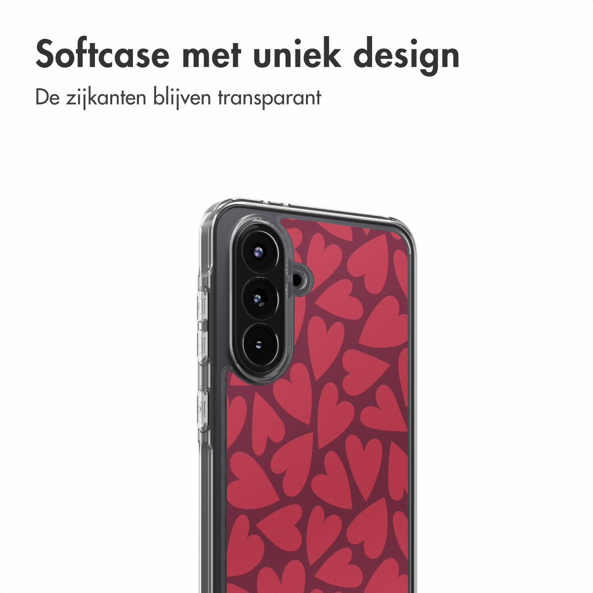 Transparante telefoonhoes met rood hartpatroon. De telefoon heeft drie camera's. De tekst bovenaan luidt 'Softcase met uniek design'.