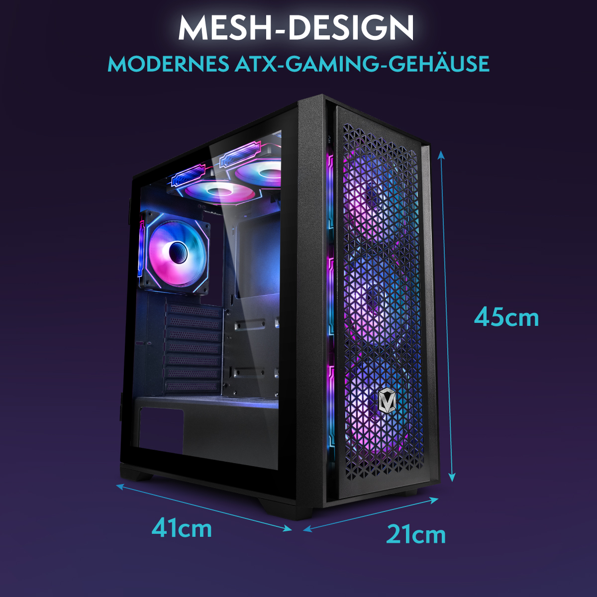 Una caja de ordenador negra con dimensiones etiquetadas. Cuenta con diseño de malla y ventiladores internos con luces de colores.