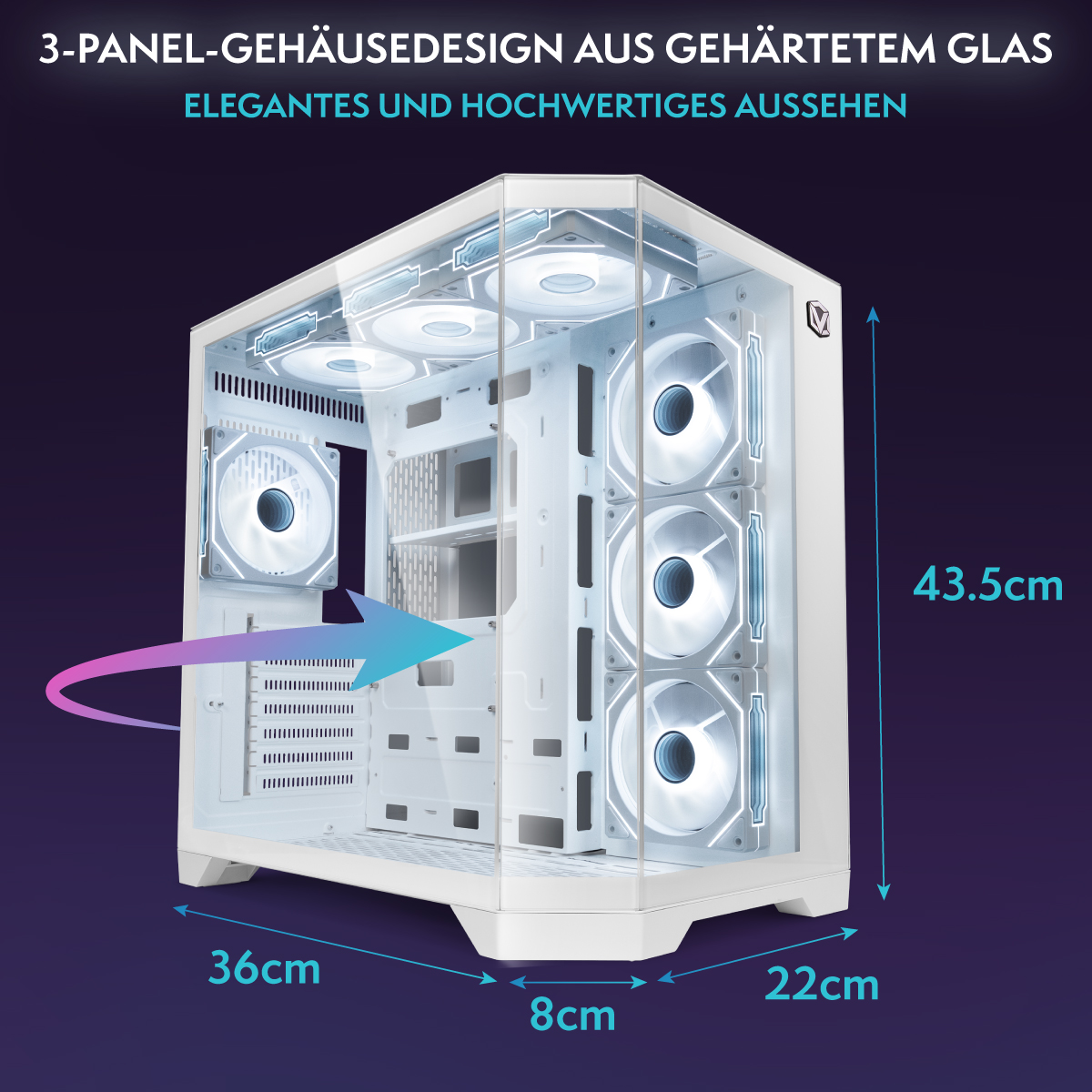 Ein weißes Computergehäuse mit Glasplatten und Lüftern wird zusammen mit Abmessungen in cm gezeigt. Der Text oben lautet: 3-Panel-Design.