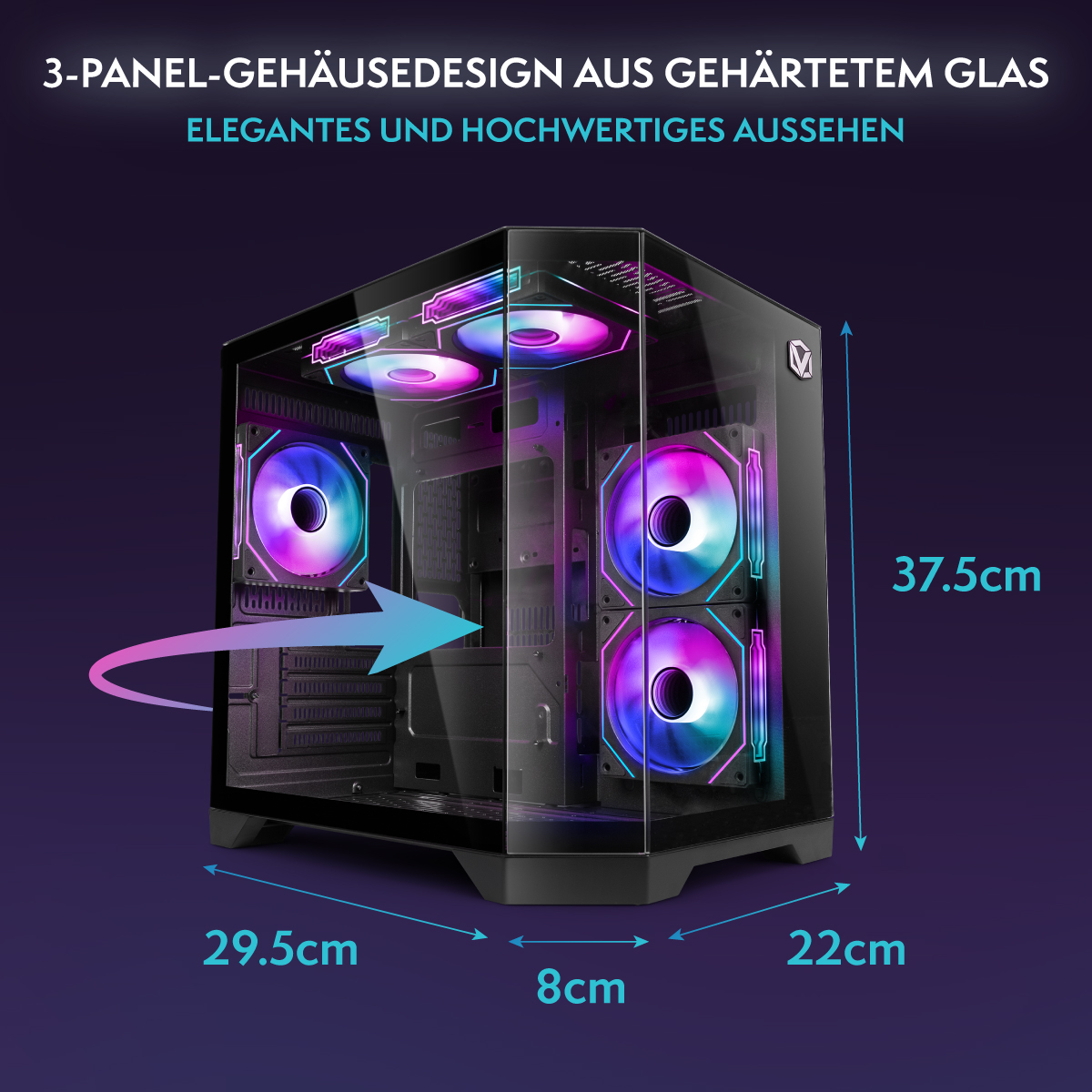Una carcasa de PC con paneles de vidrio y ventiladores iluminados, dimensiones etiquetadas. Texto superior: 'Diseño de 3 paneles de vidrio templado'.