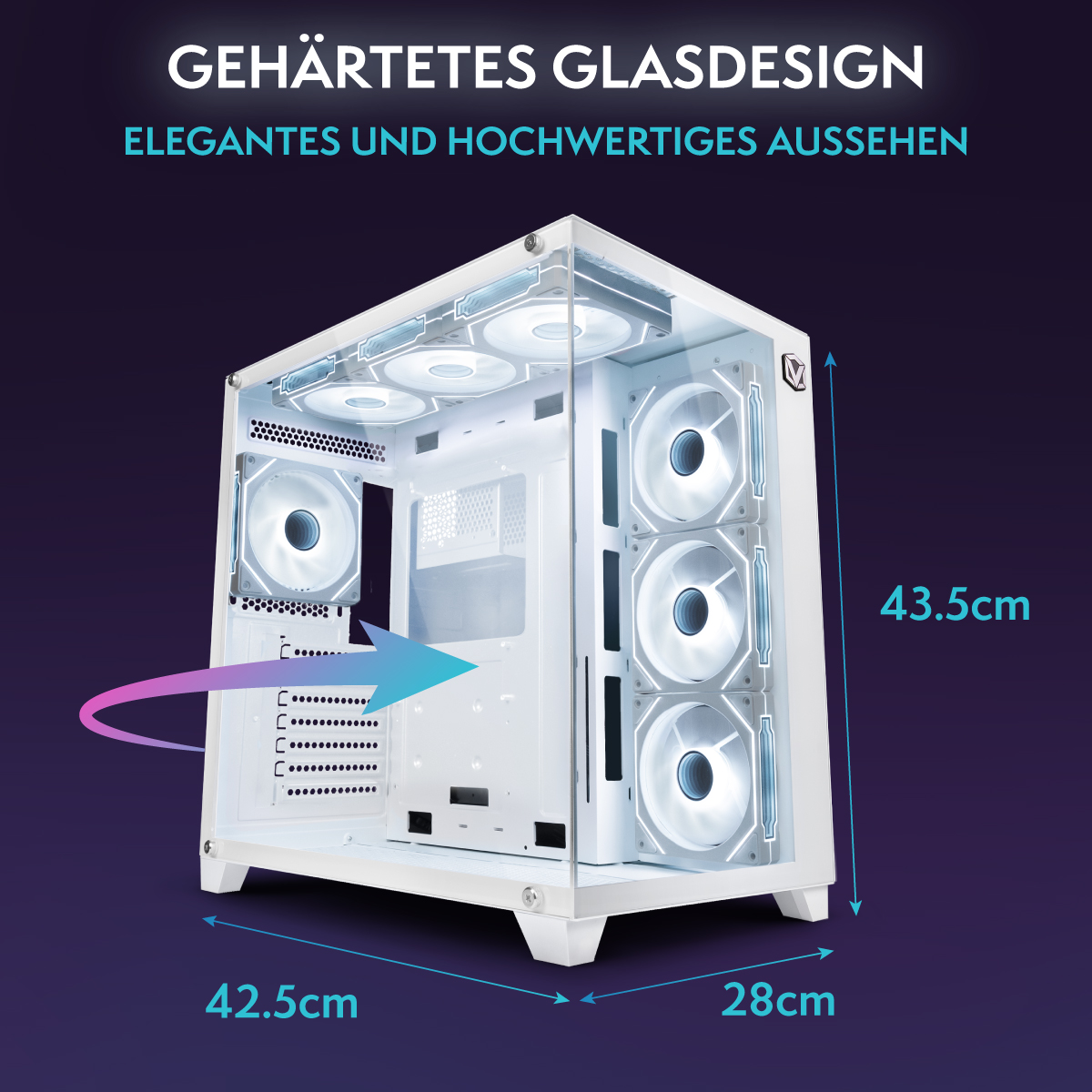 Weißes Computergehäuse mit Glasplatte. Abmessungen sind angegeben. Lüfter sind beleuchtet. Text oben: 'Hartes Glasdesign'.