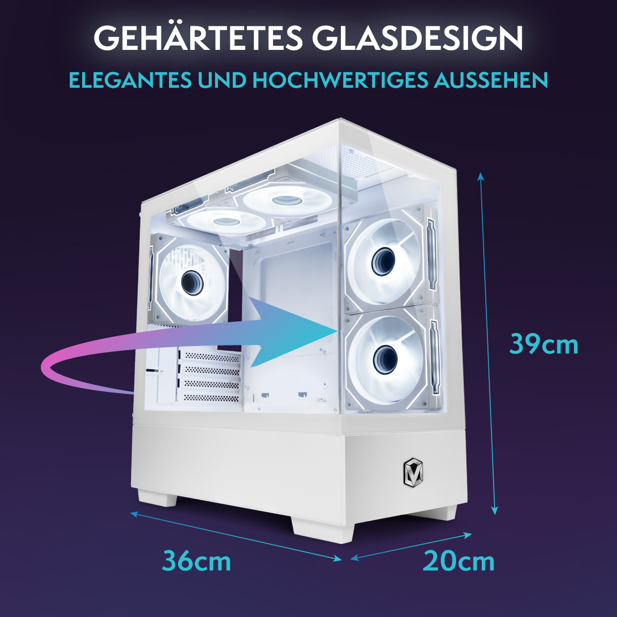 Caja de ordenador blanca con diseño de cristal. Dimensiones: 36x20x39cm. Contiene ventiladores y un logotipo. Texto: 'Diseño de vidrio templado'.