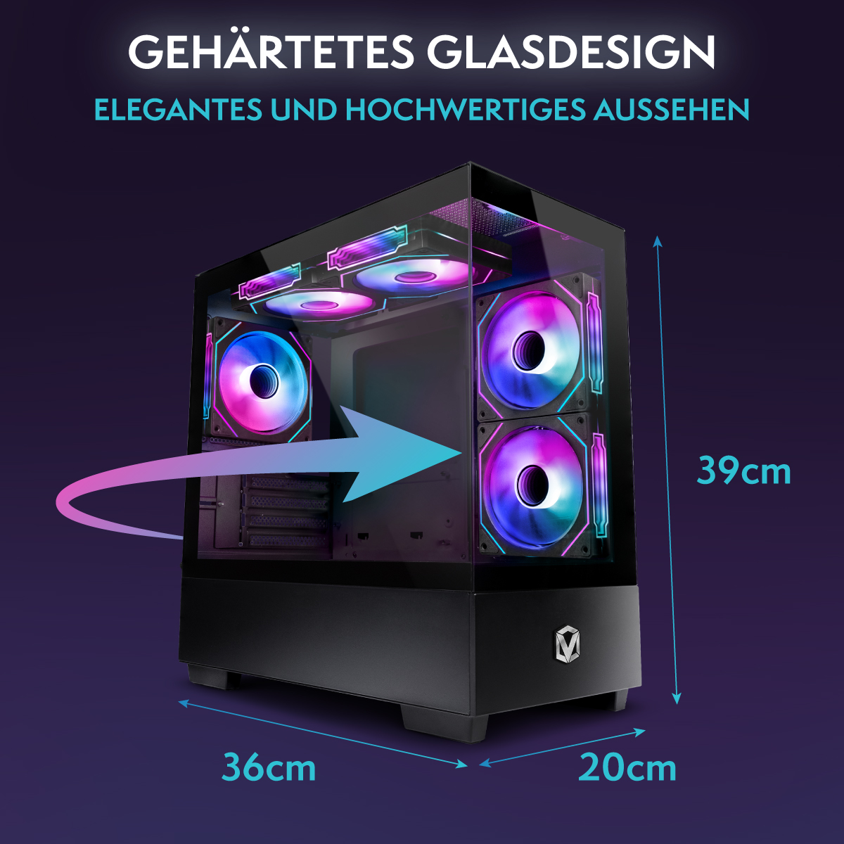 Carcasa de ordenador negra con panel de cristal, ventiladores iluminados y dimensiones en cm. Flecha indica diseño, texto arriba.
