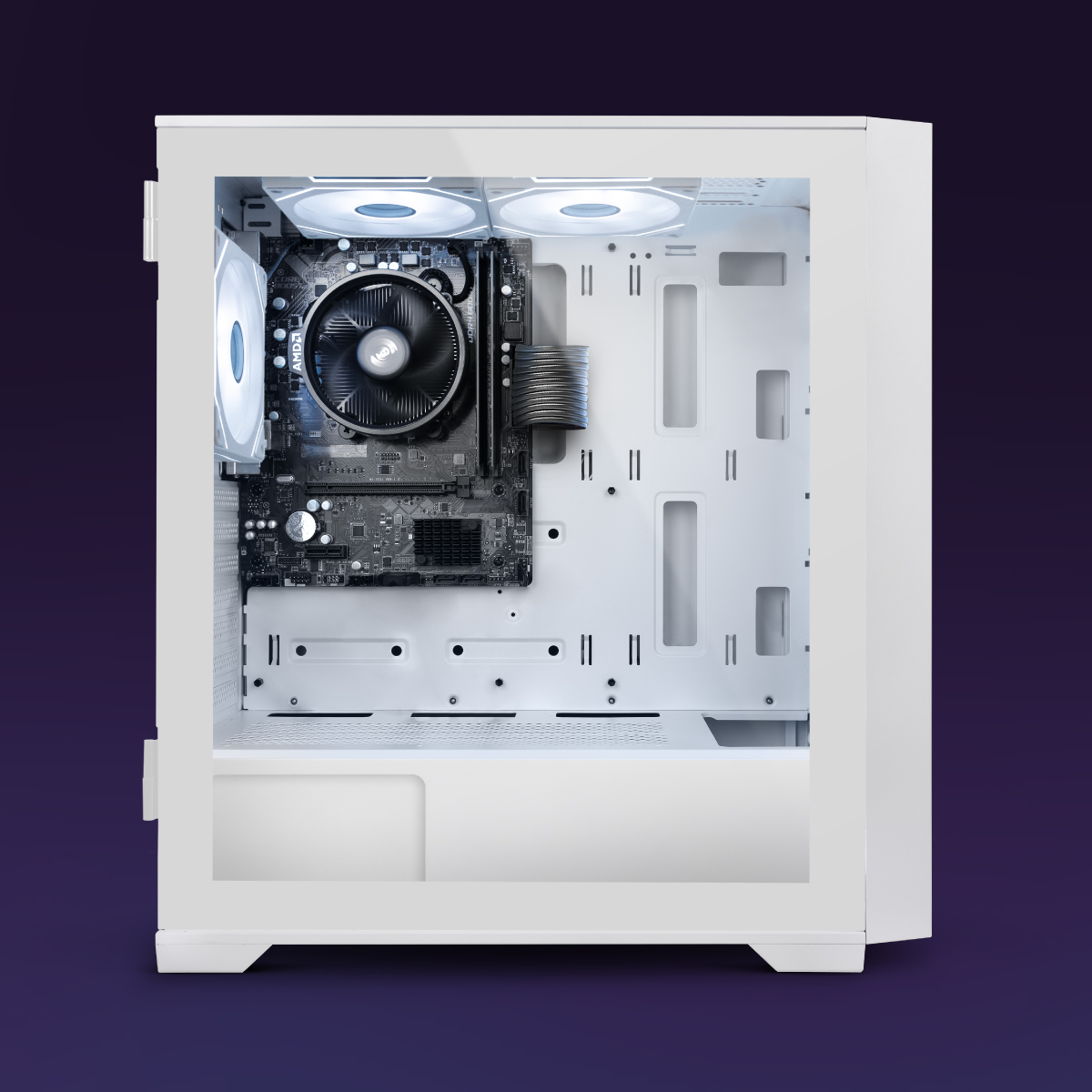 Dentro de una carcasa de PC blanca, se ve una placa base con un enfriador de CPU y ventiladores. La carcasa está sobre un fondo púrpura degradado.