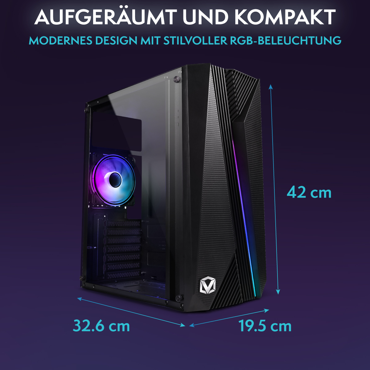 Schwarzes Computergehäuse mit RGB-Beleuchtung und Abmessungen. Oben steht 'AUFGERÄUMT UND KOMPAKT' und 'MODERNES DESIGN MIT STILVOLLER RGB-BELEUCHTUNG'.