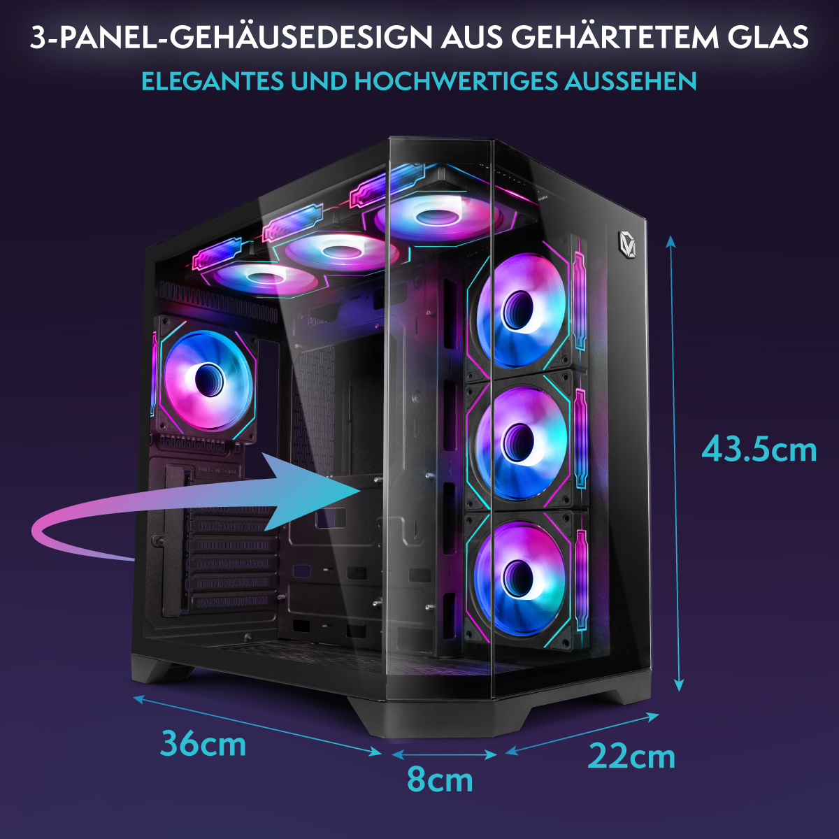 Ein Computergehäuse mit Glasplatten und bunten Lüftern. Abmessungen sind: 36 cm, 8 cm, 22 cm und 43,5 cm. Es hat ein elegantes Aussehen.