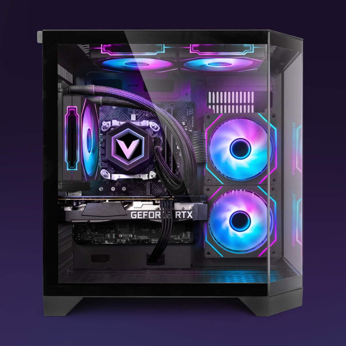 Ein PC-Gehäuse mit Glaspaneelen, das interne Komponenten wie eine Grafikkarte, Lüfter mit RGB-Beleuchtung und einen CPU-Kühler zeigt.