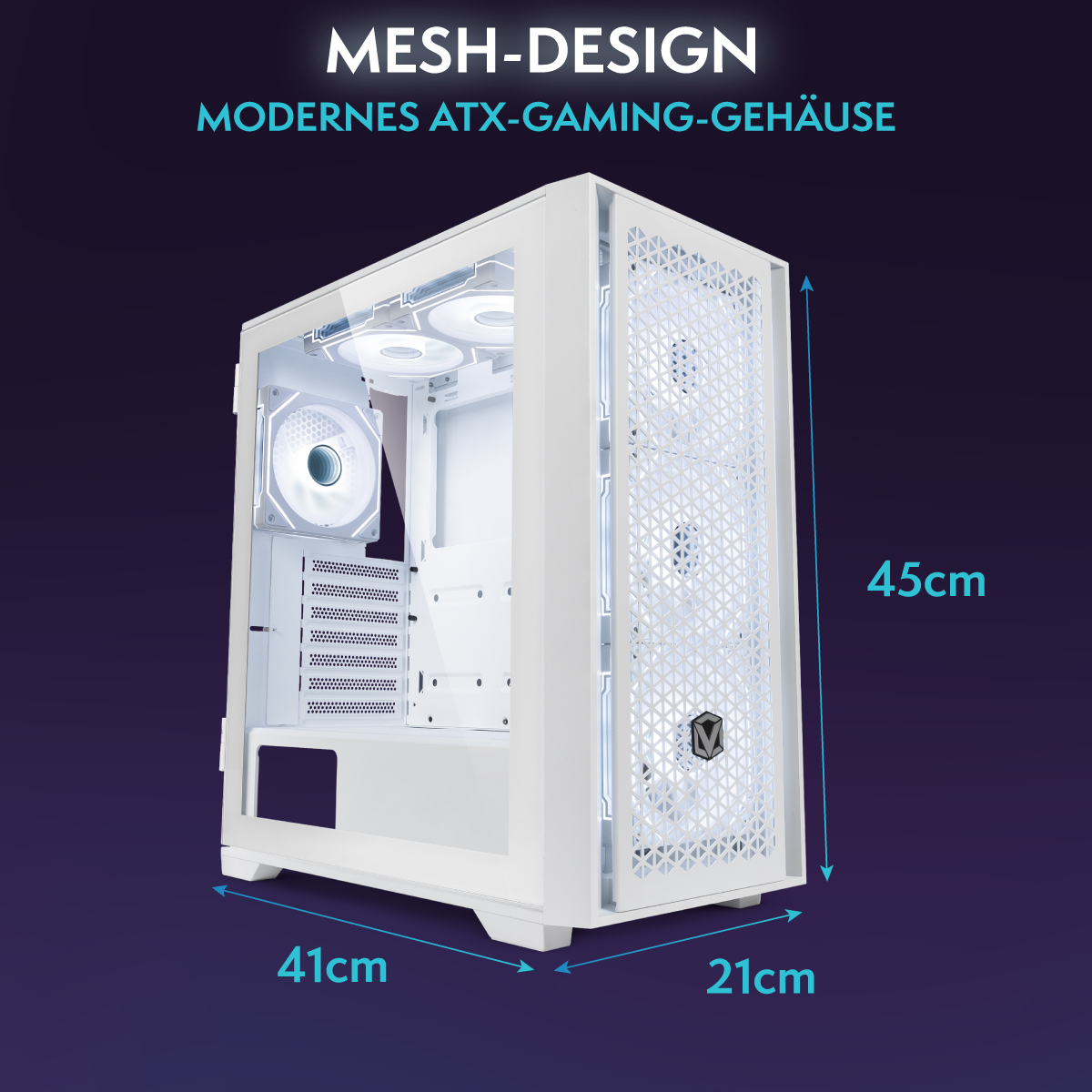 Ein weißes ATX-Gaming-Gehäuse mit Mesh-Design wird gezeigt. Die Abmessungen sind 41cm x 21cm x 45cm. Das Gehäuse hat interne Lüfter und befindet sich auf blauem Hintergrund.